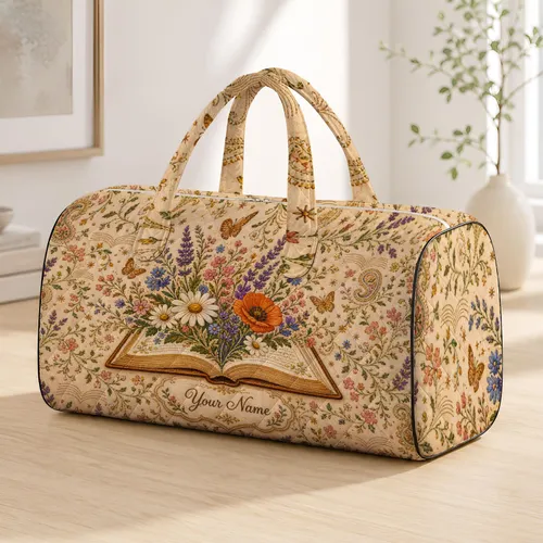 Open Book Floral Butterflies Cream Cottagecore Overnight Travel Gift For Readers Quilted Weekend Bag