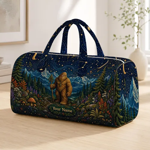 Friendly Sasquatch Starry Mountain Forest Night Scene For Fantasy Travel Lovers Gift Quilted Weekend Bag