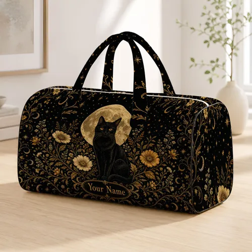 Black Cat Full Moon Gothic Floral Celestial Travel Gift For Halloween Witchy Women Quilted Weekend Bag