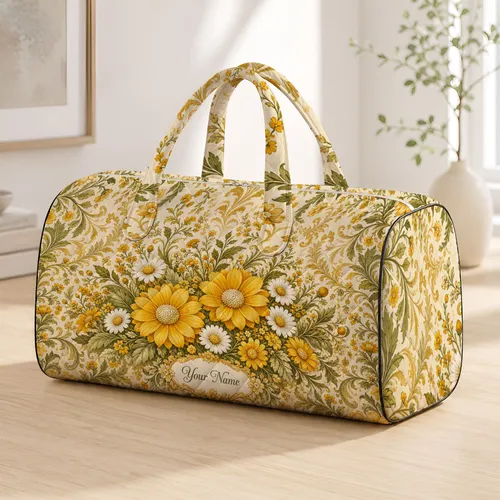 Yellow Daisy White Wildflower Vintage Brocade Name Accent Autumn Holiday Gift For Her Quilted Weekend Bag
