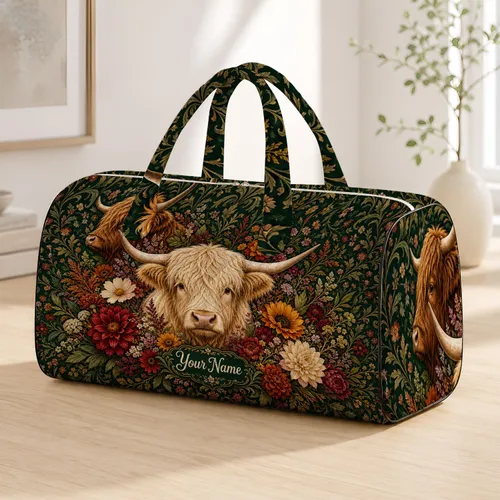 Highland Cow With Autumn Florals For Farmhouse Travel And Rustic Western Getaways Quilted Weekend Bag