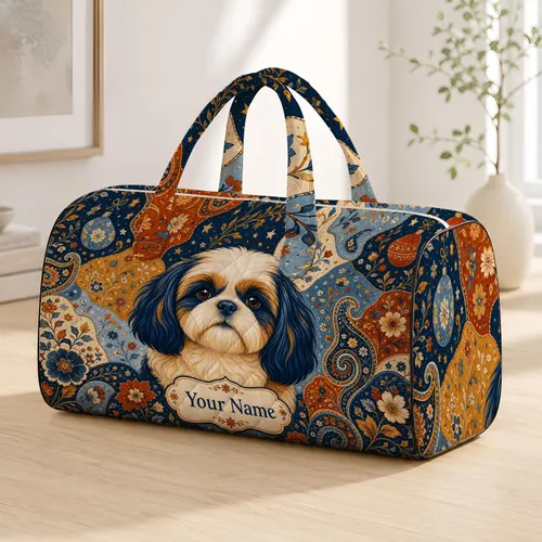 Vintage Folk Art Shih Tzu Portrait With Autumn Holiday Florals For Dog Lovers And Pet Moms Quilted Weekend Bag