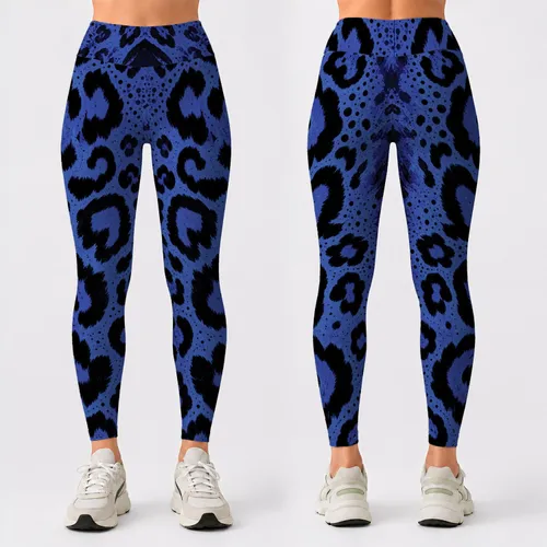 Electric Blue Leopard Spots With Black Rosettes For Nightlife Streetwear Style Women Leggings