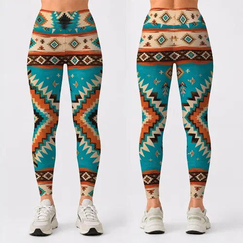 Southwestern Turquoise Tribal Diamond Boho Western Festival Yoga Style For Women Leggings