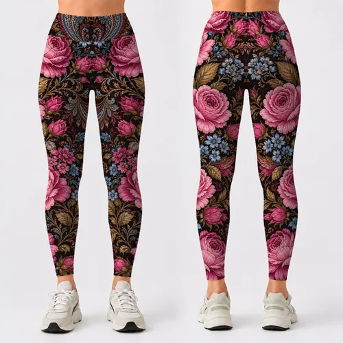 Pink Rose Paisley Boho Floral On Dark Espresso For Yoga Studio Festival Style Women Leggings