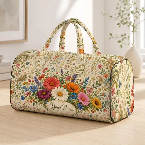 Cottage Garden Florals With Name Script For Spring Travel And Overnight Getaways Quilted Weekend Bag