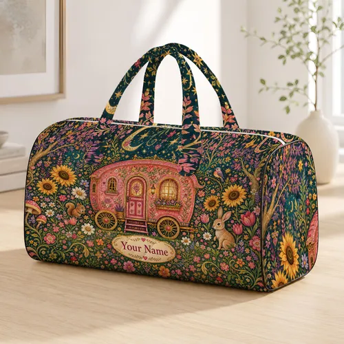 Pink Storybook Caravan Cottage With Garden Animals For Magical Travel Lovers Gift Quilted Weekend Bag