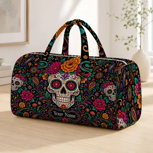 Día De Los Muertos Sugar Skull Floral Mandala With Name Plaque For Travel Style Lovers Quilted Weekend Bag