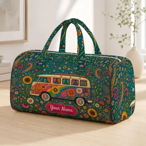 Retro Camper Bus Boho Floral Turquoise Paisley Travel Decor For Hippie Road Trips Quilted Weekend Bag