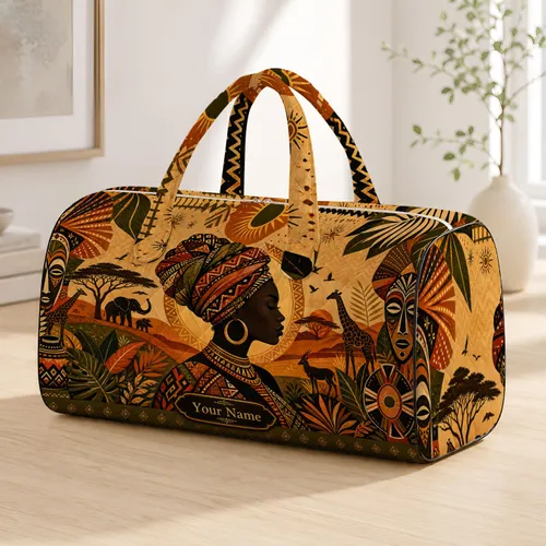 African Woman Silhouette Tribal Boho Safari Animals Heritage Travel Gift For Her Quilted Weekend Bag
