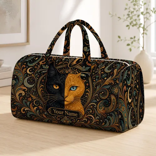 Art Deco Split Face Cat With Paisley Florals For Luxe Getaways And Stylish Cat Lovers Quilted Weekend Bag