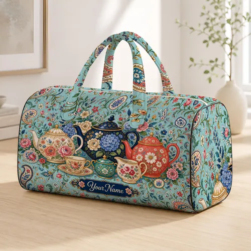 Vintage Garden Tea Service With Folk Florals For Travel Getaways And Daily Errands Quilted Weekend Bag