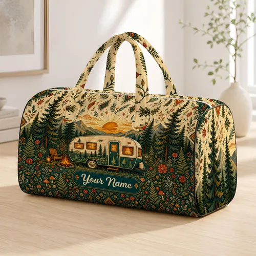 Vintage Camper In Pine Forest Sunset For Camping Getaways And Cozy Outdoor Trips Quilted Weekend Bag