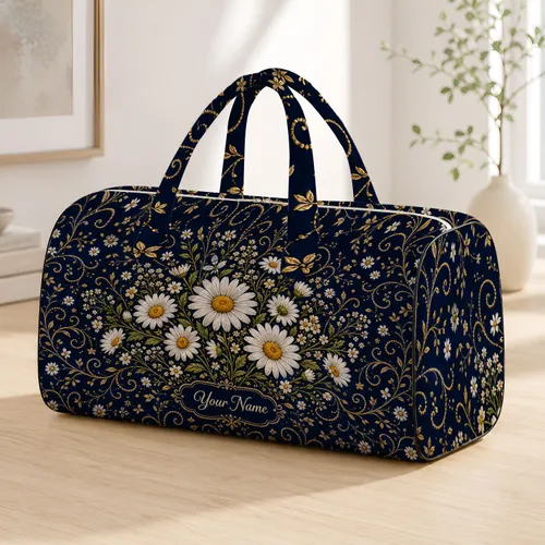 Navy Daisy Floral With Gold Vines For Travel Getaways And Everyday Style For Her Quilted Weekend Bag