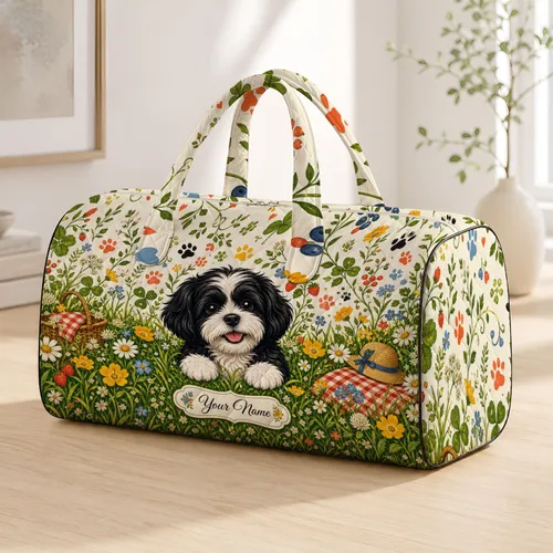 Black White Puppy In Meadow Florals With Name Plaque For Picnic Getaways And Pet Lovers Quilted Weekend Bag