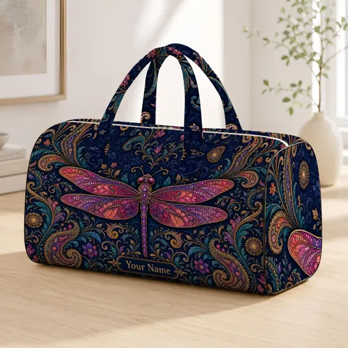 Art Nouveau Dragonfly Indigo Paisley Floral Travel Style With Cream Name Monogram Quilted Weekend Bag