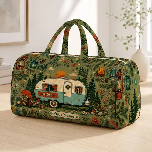 Vintage Camper Trailer Woodland Road Trip Camping Decor With Name Plaque For Travelers Quilted Weekend Bag