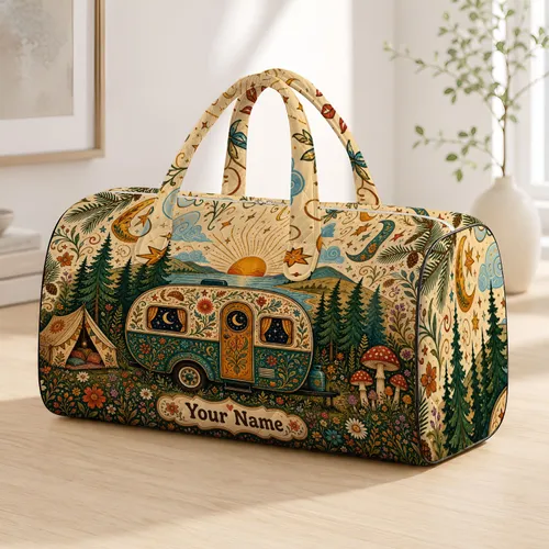 Boho Woodland Camper With Pines And Moons For Retro Camping Road Trips And Glampers Quilted Weekend Bag