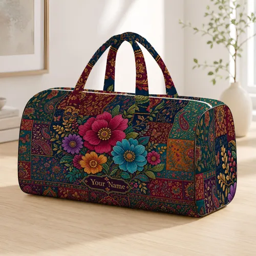 Vintage Boho Patchwork Garden With Jewel Tone Florals For Travel And Daily Outings Quilted Weekend Bag