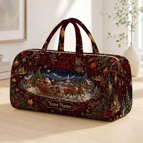 Santa Sleigh And Reindeer Christmas Village Scene For Holiday Travel Lovers And Families Quilted Weekend Bag
