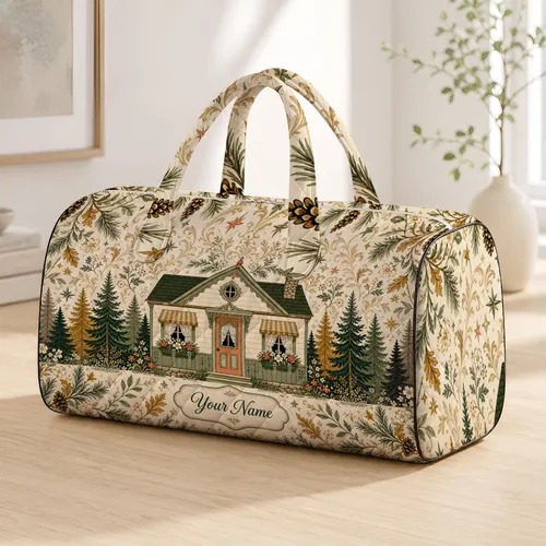 Retro Woodland Cottage With Sage Pines And Wildflowers For Cozy Travel Getaways For Her Quilted Weekend Bag