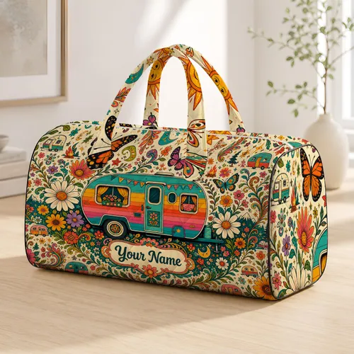 Retro Camper Trailer With Daisies And Florals For Camping Road Trips RV Travel Lovers Quilted Weekend Bag