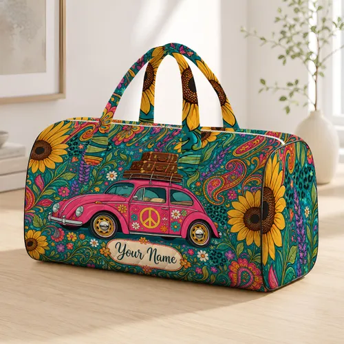 Retro Pink Peace Car With Sunflowers For Boho Summer Road Trips And Vacation Style Quilted Weekend Bag