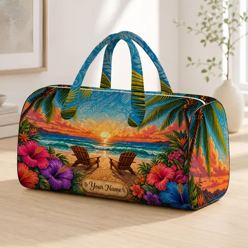 Tropical Sunset Beach With Lounge Chairs And Palms For Resort Vacation Travelers Quilted Weekend Bag