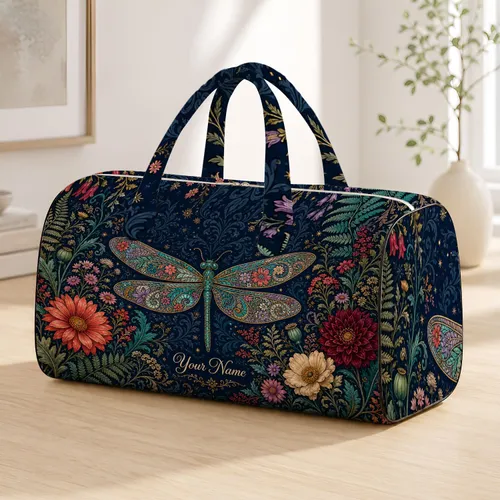 Stained Glass Dragonfly With Midnight Botanicals For Garden Getaways And Travel Lovers Quilted Weekend Bag