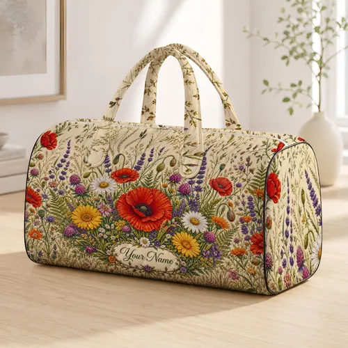 Wildflower Meadow Red Poppy Lavender Daisy Floral Overnight Travel For Garden Lovers Quilted Weekend Bag