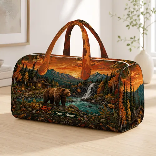 Brown Bear River Cabin Waterfall Wilderness Scene For Camping Getaways And Autumn Travel Quilted Weekend Bag