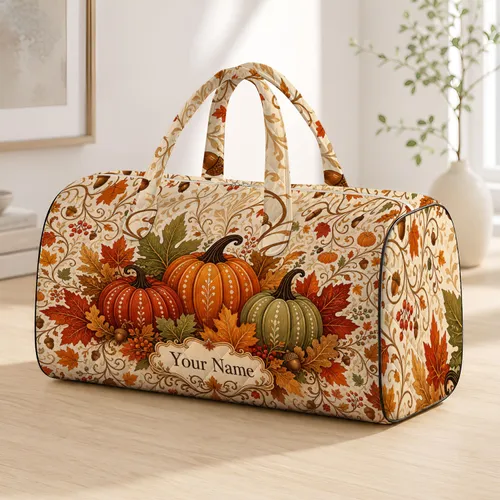 Autumn Harvest Pumpkins And Maple Leaves For Fall Travel, Seasonal Thanksgiving Gifts Quilted Weekend Bag