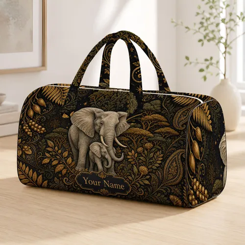 Ivory Elephant Family With Antique Gold Botanicals For Autumn Winter Gifts For Her Quilted Weekend Bag