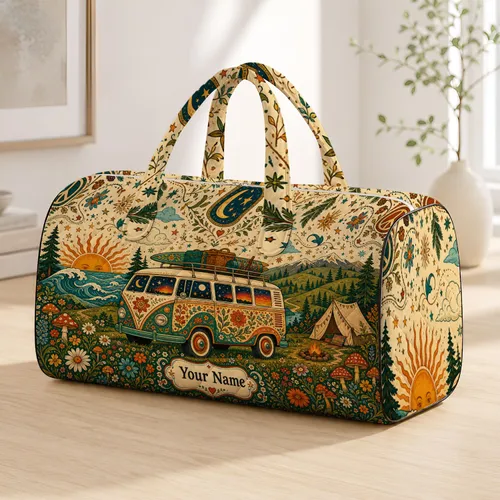 Retro Camper Van Boho Camping Scene For Road Trips And Festival Getaways Nature Lovers Quilted Weekend Bag
