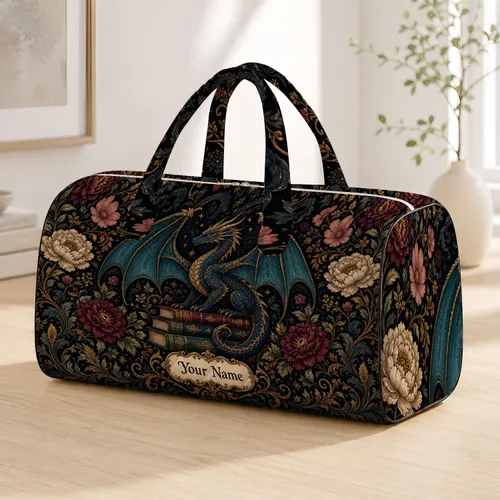 Midnight Dragon With Dark Academia Florals For Fantasy Travel Lovers And Bookish Style Quilted Weekend Bag
