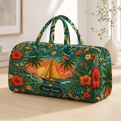 Nautical Sailboat Palm Coastal Sunset Tropical Resort Beach Vacation For Sailing Women Quilted Weekend Bag