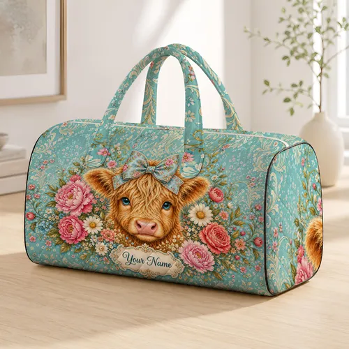 Golden Highland Calf With Blue Bow And Vintage Florals For Country Getaways Cow Lovers Quilted Weekend Bag