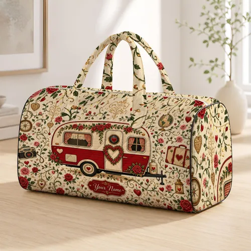 Vintage Camper With Red Roses Romantic Road Trip Holiday Gift For Women Travel Lovers Quilted Weekend Bag
