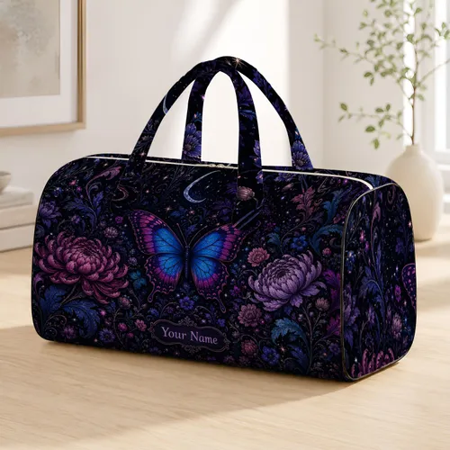Mystical Blue Butterfly Dark Floral Night Garden Travel Style For Gothic Romance Fans Quilted Weekend Bag