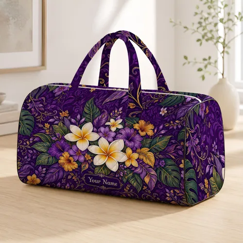Hawaiian Plumeria Purple Tropical Floral Boho Island Travel Style With Nameplate Quilted Weekend Bag