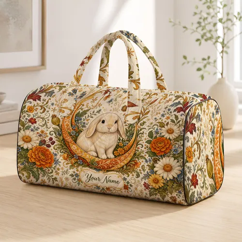 Cream Lop Eared Rabbit In Orange Floral Crescent For Boutique Travel Pet Lovers Gift Quilted Weekend Bag