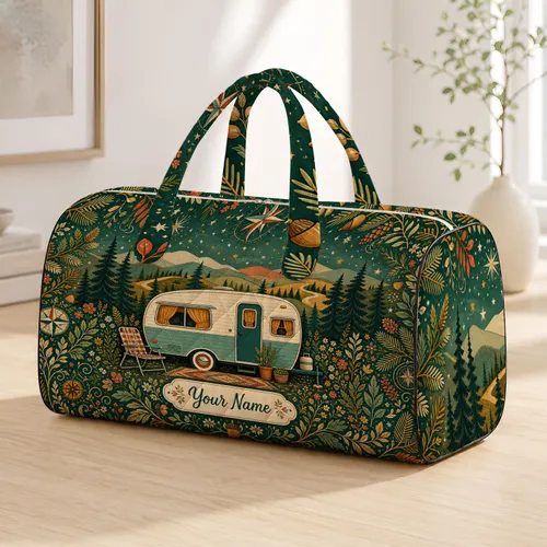 Retro Camper Woodland Road Trip Name Plaque For Camping Getaways And Cozy Travelers Quilted Weekend Bag