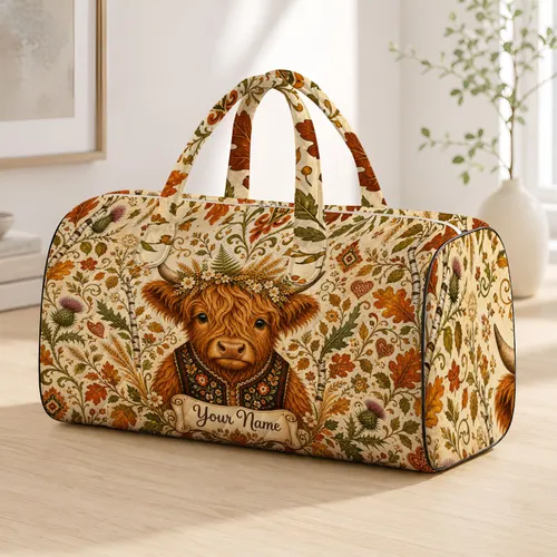 Highland Calf With Autumn Florals Rustic Farmhouse Fall Gift For Cow Loving Women Quilted Weekend Bag