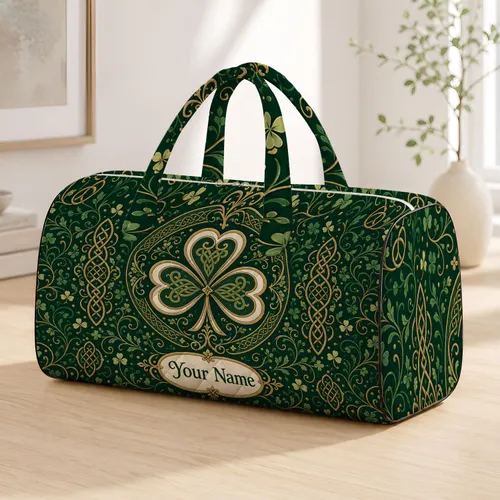 Irish Shamrock Medallion Celtic Knotwork Emerald Heritage St Patrick Travel Gift For Her Quilted Weekend Bag