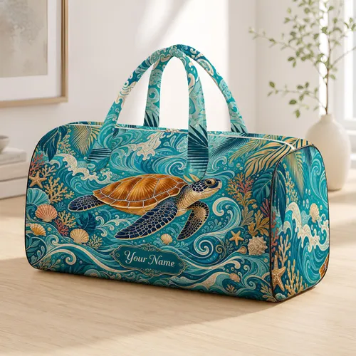 Tropical Sea Turtle With Teal Ocean Waves For Coastal Travel And Beach Getaway Fans Quilted Weekend Bag
