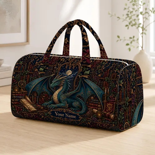 Teal Dragon Fantasy Library With Antique Books And Moonlit Arches For Bookish Travel Quilted Weekend Bag