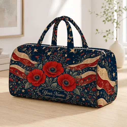 Americana Red Poppies With Navy Stars And Heritage Florals For Patriotic Travel Gift Quilted Weekend Bag