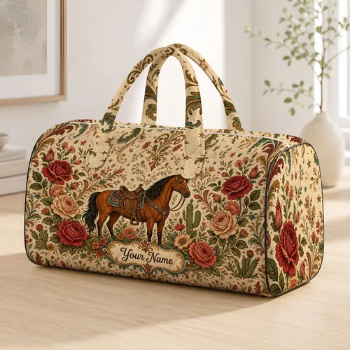 Chestnut Horse With Roses Western Ranch Floral Country Road Trip Style For Cowgirls Quilted Weekend Bag
