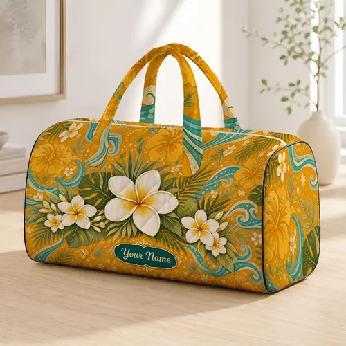 White Plumeria Tropical Boho Floral Name Label Resort Vacation Style For Women Girls Quilted Weekend Bag