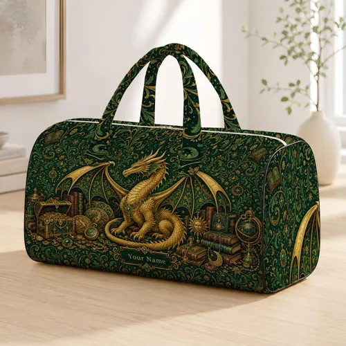 Vintage Golden Dragon Treasury With Emerald Fantasy Style For Book Lovers And Travelers Quilted Weekend Bag